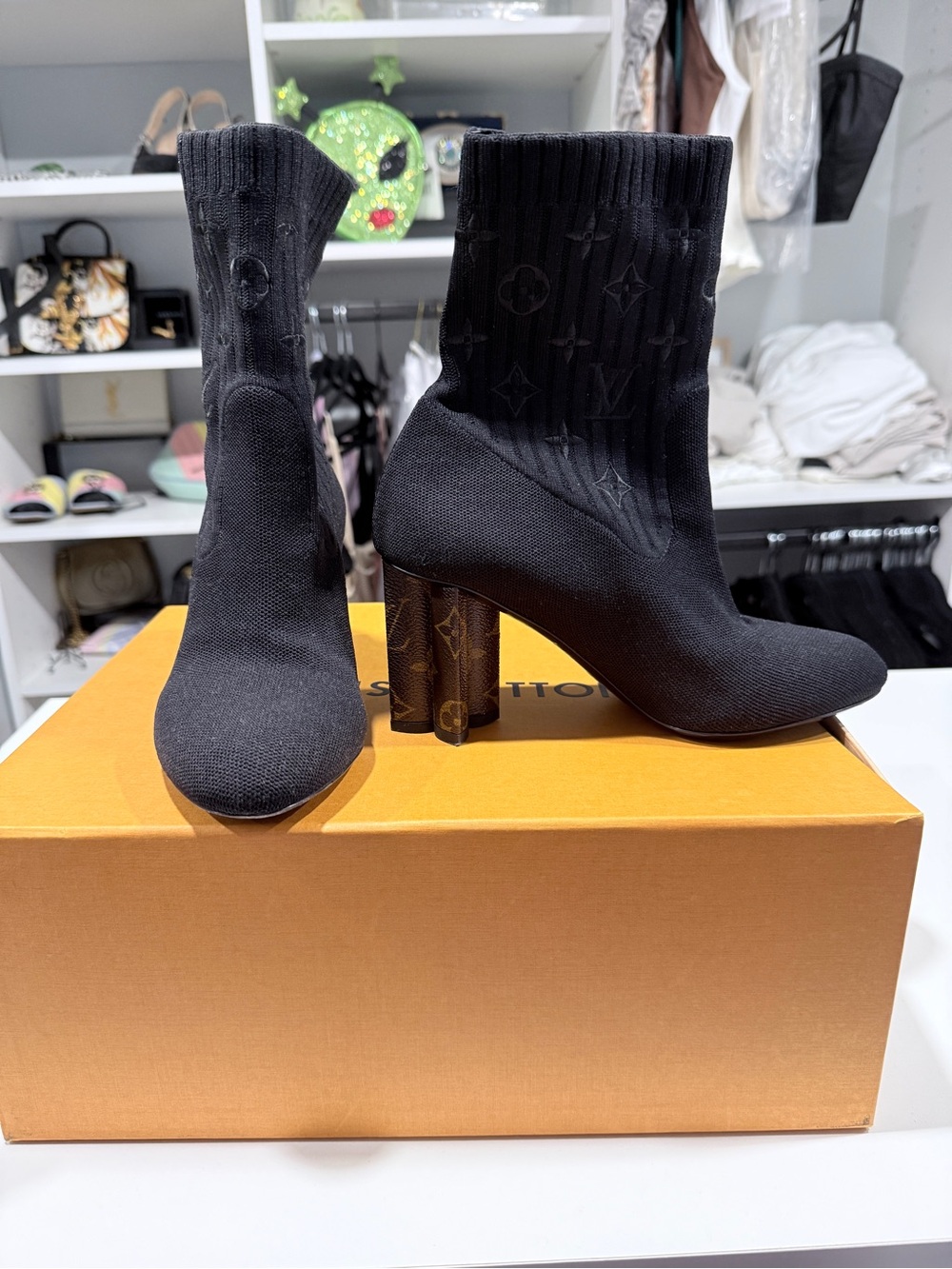 Luxury Louis Vuitton Black Sock Boot with Monogram Block Heel